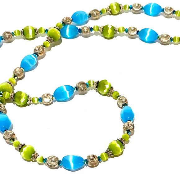 Handmade Blue and Green Cats Eye Sterling Silver 22 Inch Artisan Beaded Necklace - Picture 5 of 11